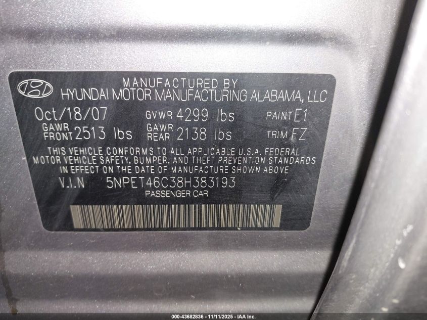 2008 Hyundai Sonata Gls VIN: 5NPET46C38H383193 Lot: 43682836