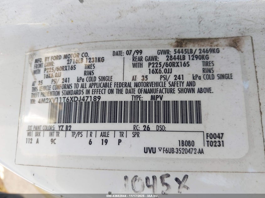1999 Mercury Villager Estate/Sport VIN: 4M2XV11T6XDJ47189 Lot: 43682844