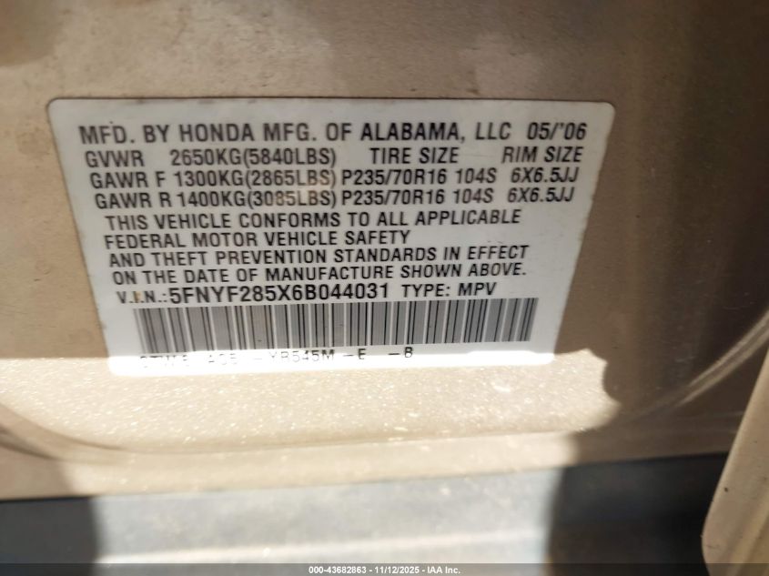 2006 Honda Pilot Ex-L VIN: 5FNYF285X6B044031 Lot: 43682863