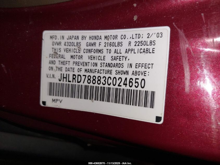 2003 Honda Cr-V Ex VIN: JHLRD78883C024650 Lot: 43682870