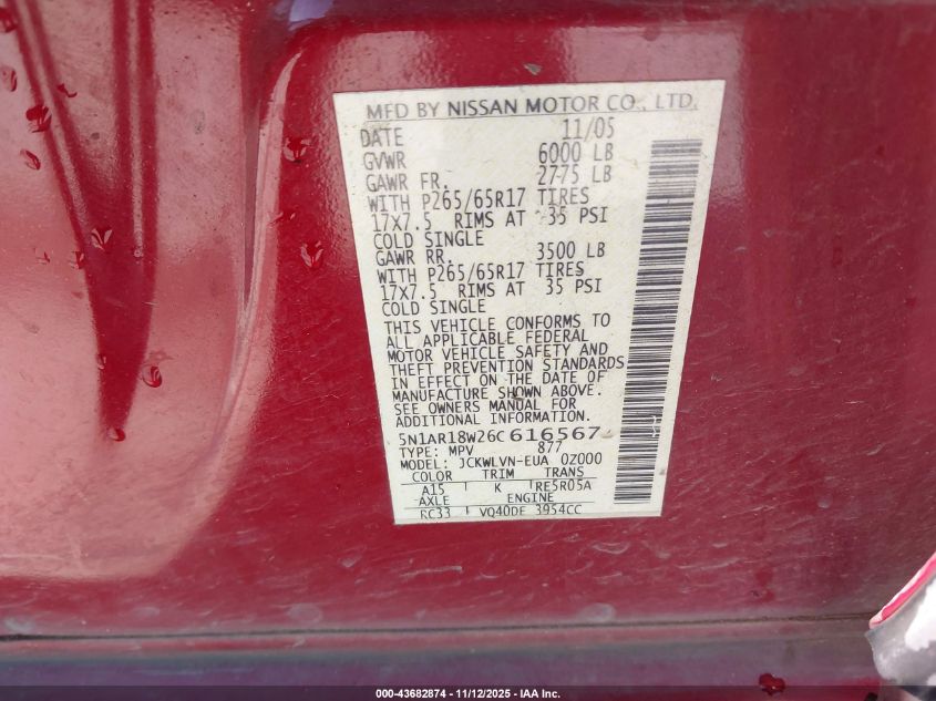 2006 Nissan Pathfinder Le VIN: 5N1AR18W26C616567 Lot: 43682874