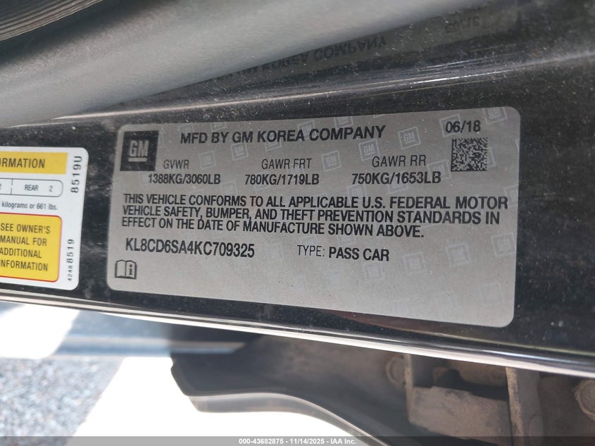 2019 Chevrolet Spark 1Lt Cvt VIN: KL8CD6SA4KC709325 Lot: 43682875