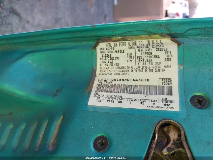 1992 Ford Ranger Super Cab VIN: 1FTCR15XXNTA43670 Lot: 43682887