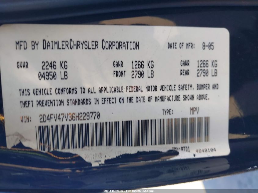 2006 Dodge Magnum VIN: 2D4FV47V36H229770 Lot: 43682896