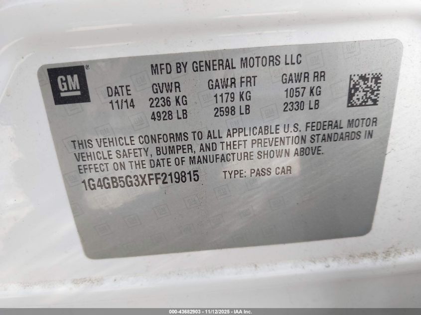2015 Buick Lacrosse Leather VIN: 1G4GB5G3XFF219815 Lot: 43682903
