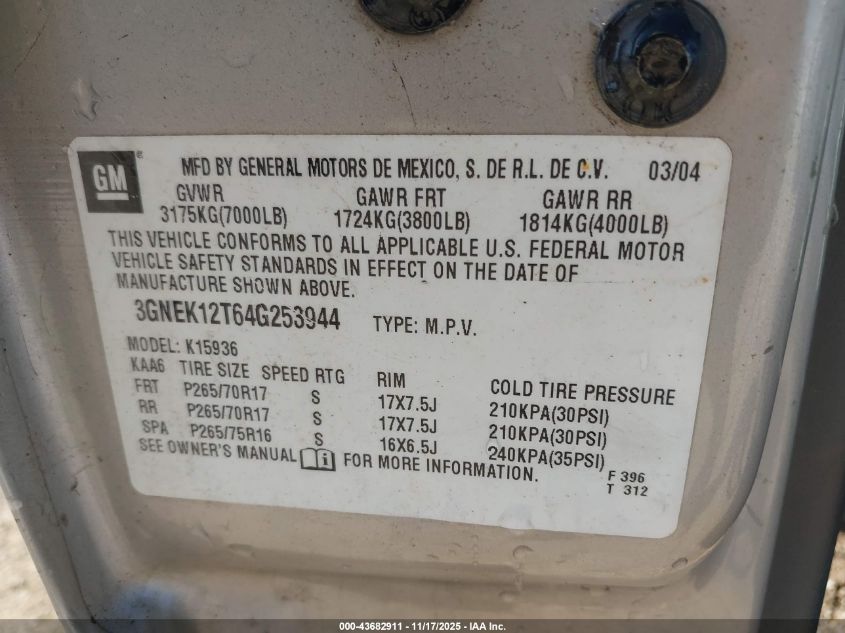 2004 Chevrolet Avalanche 1500 VIN: 3GNEK12T64G253944 Lot: 43682911