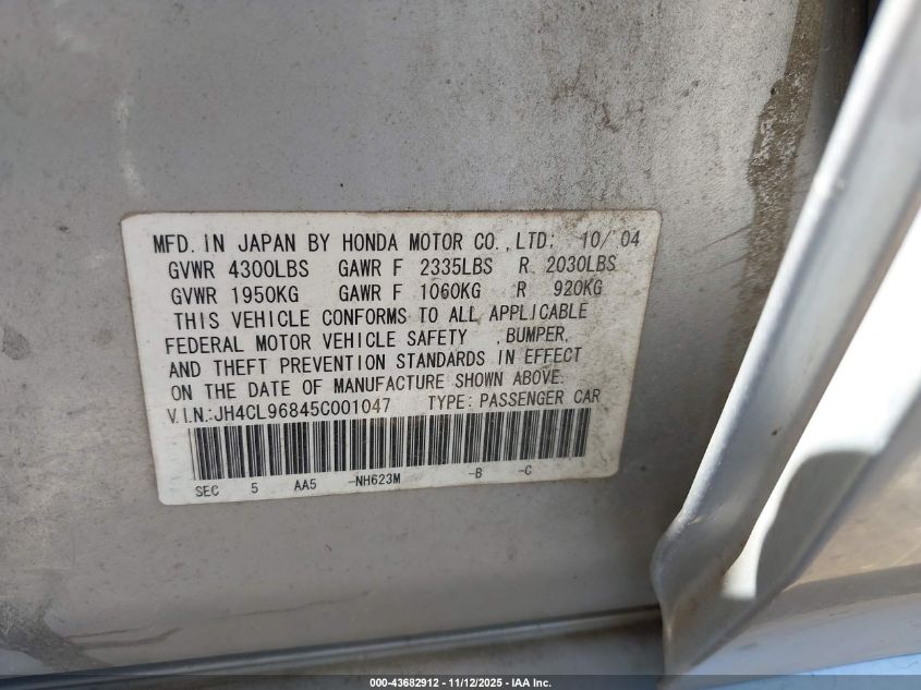 2005 Acura Tsx VIN: JH4CL96845C001047 Lot: 43682912