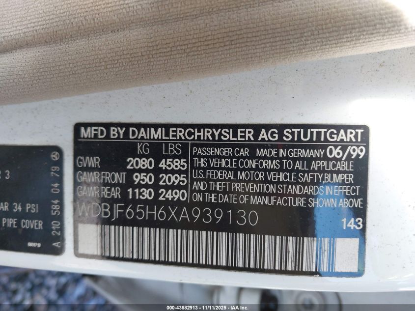 1999 Mercedes-Benz E 320 VIN: WDBJF65H6XA939130 Lot: 43682913