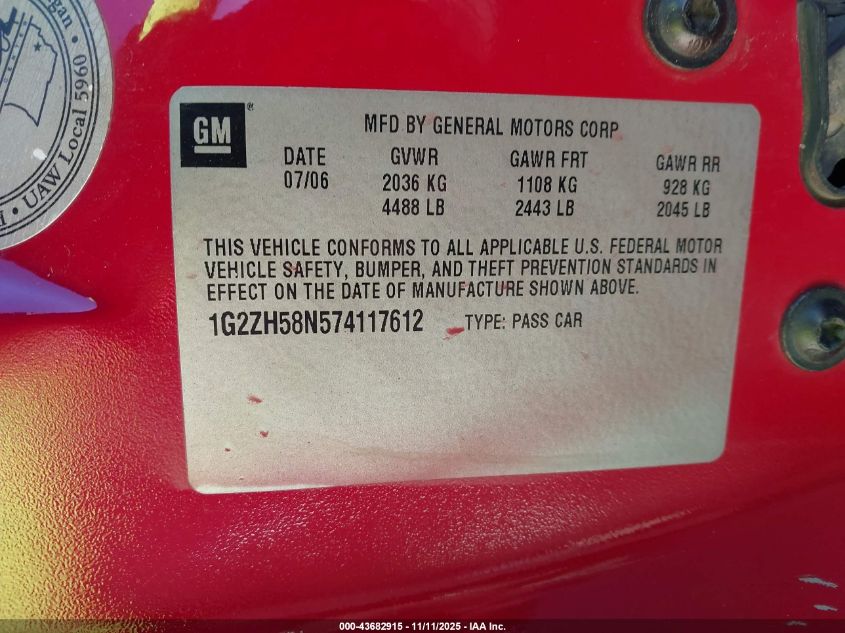 2007 Pontiac G6 Gt VIN: 1G2ZH58N574117612 Lot: 43682915