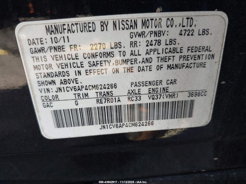 2012 Infiniti G37 Journey VIN: JN1CV6AP4CM624266 Lot: 43682917