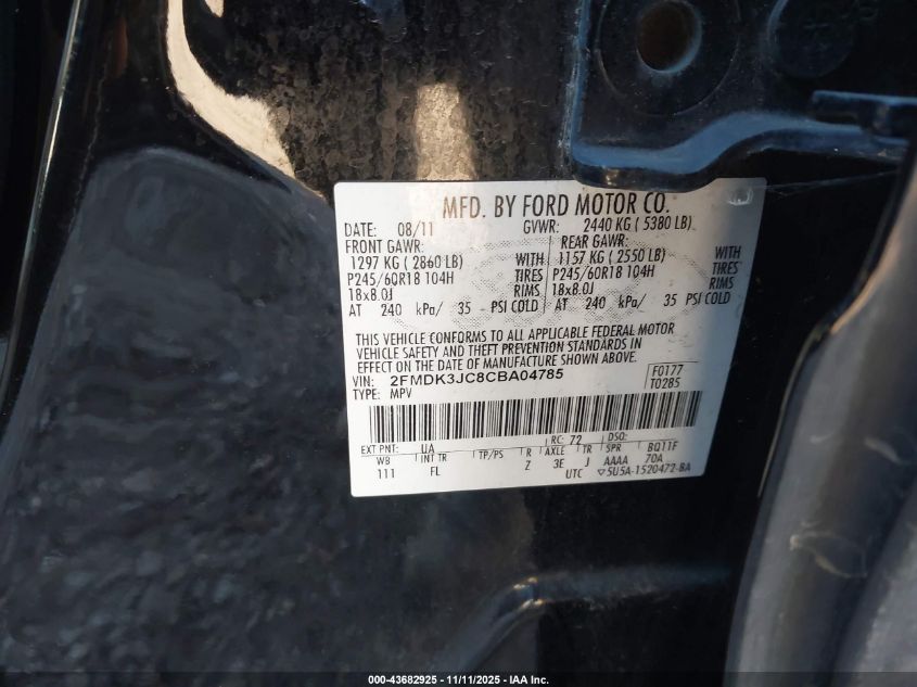 2012 Ford Edge Sel VIN: 2FMDK3JC8CBA04785 Lot: 43682925