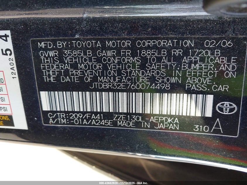 JTDBR32E760074498 2006 TOYOTA COROLLA photo no. 9