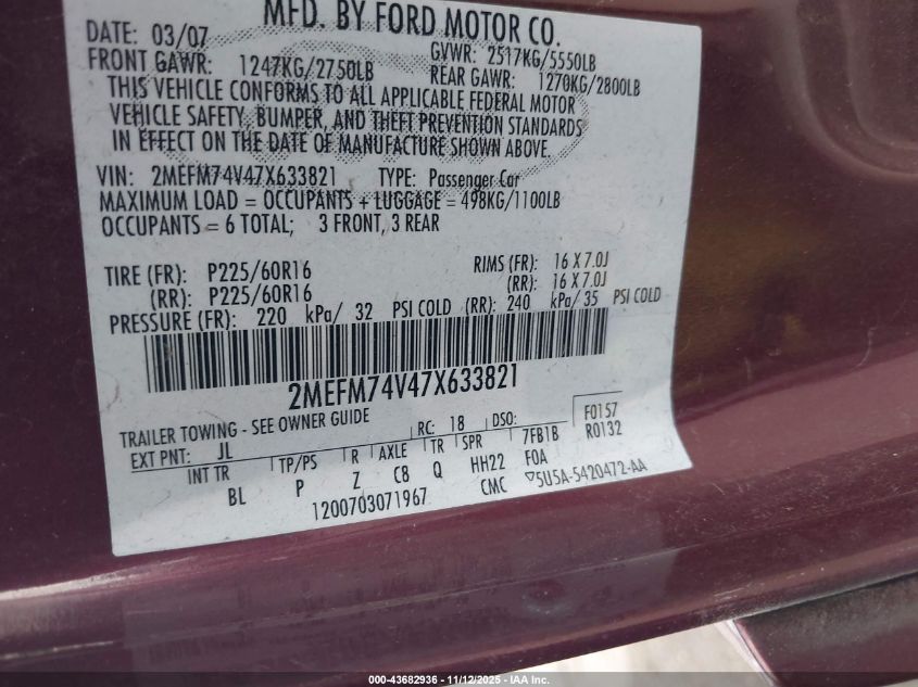 2007 Mercury Grand Marquis Gs VIN: 2MEFM74V47X633821 Lot: 43682936