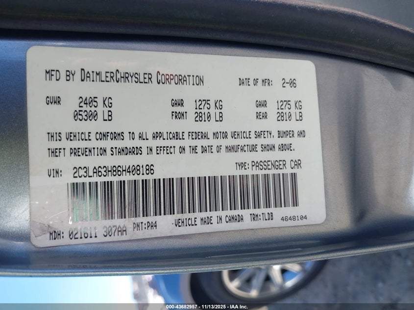 2006 Chrysler 300C VIN: 2C3LA63H86H408186 Lot: 43682957