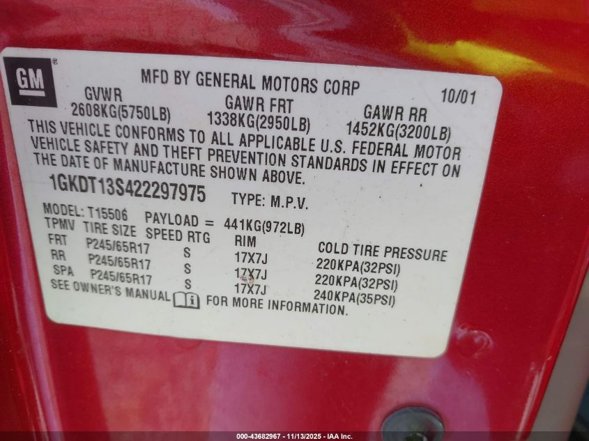 2002 GMC Envoy Slt VIN: 1GKDT13S422297975 Lot: 43682967