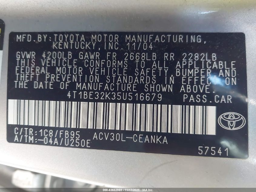 2005 Toyota Camry Le VIN: 4T1BE32K35U516679 Lot: 43682969