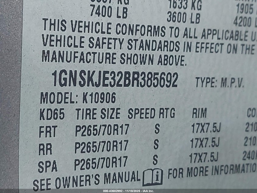 2011 Chevrolet Suburban 1500 Lt1 VIN: 1GNSKJE32BR385692 Lot: 43682992