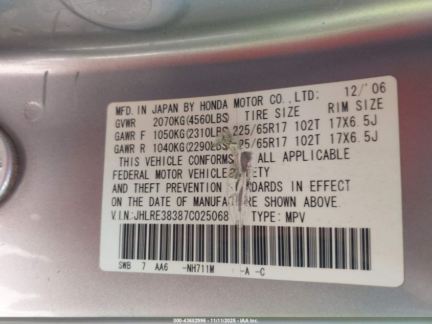 2007 Honda Cr-V Lx VIN: JHLRE38387C025068 Lot: 43682996