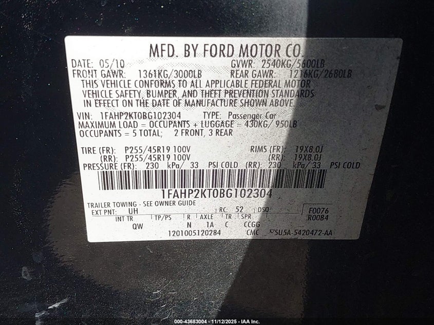 1FAHP2KT0BG102304 2011 FORD TAURUS photo no. 9