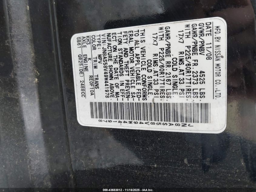 2009 Nissan Rogue Sl VIN: JN8AS58V49W441978 Lot: 43683012