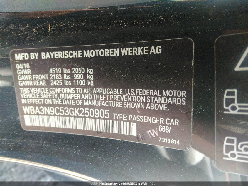 2016 BMW 428I xDrive VIN: WBA3N9C53GK250905 Lot: 43683020