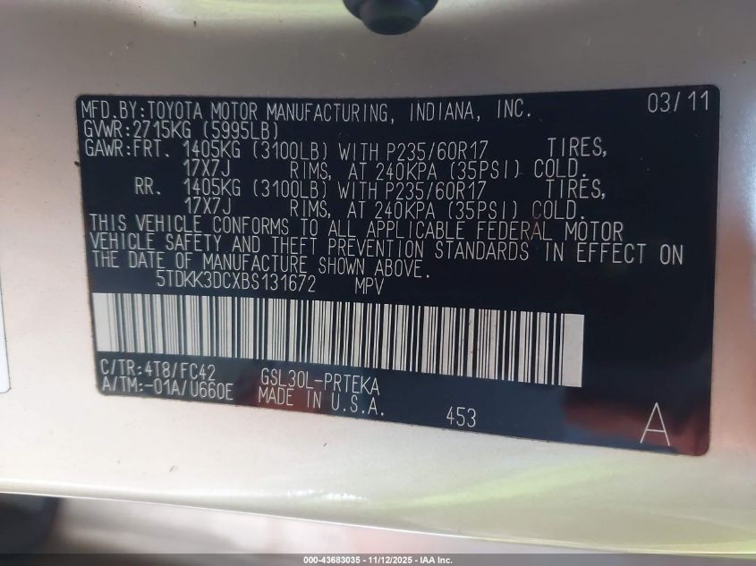 2011 Toyota Sienna Le V6 VIN: 5TDKK3DCXBS131672 Lot: 43683035