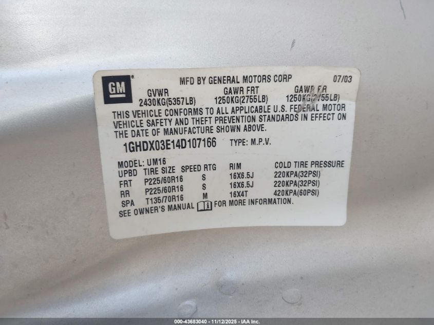 2004 Oldsmobile Silhouette Gls VIN: 1GHDX03E14D107166 Lot: 43683040