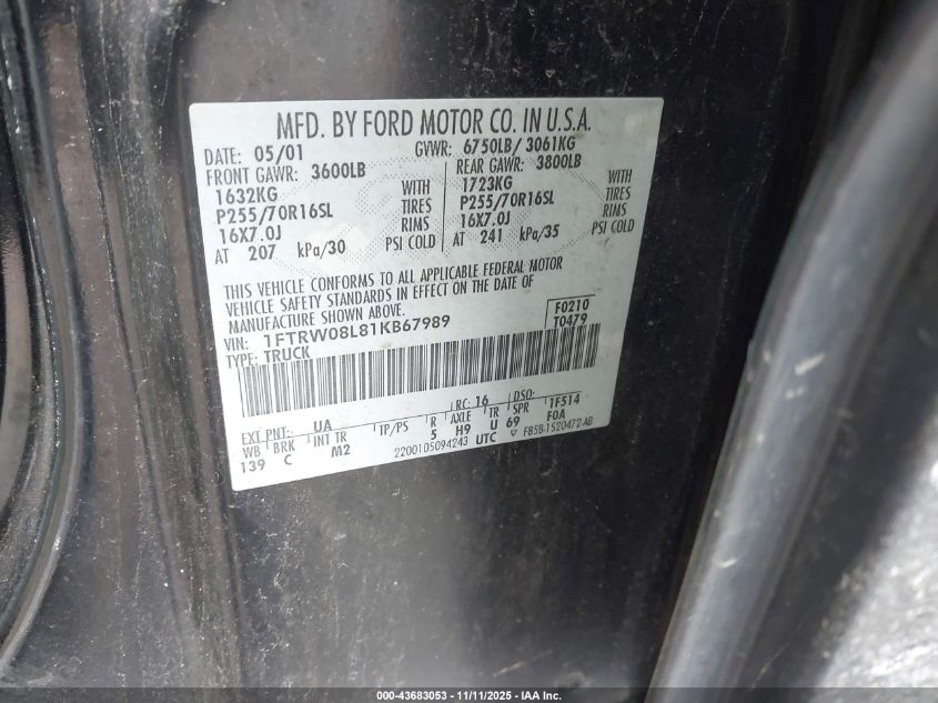 2001 Ford F-150 King Ranch Edition/Lariat/Xlt VIN: 1FTRW08L81KB67989 Lot: 43683053