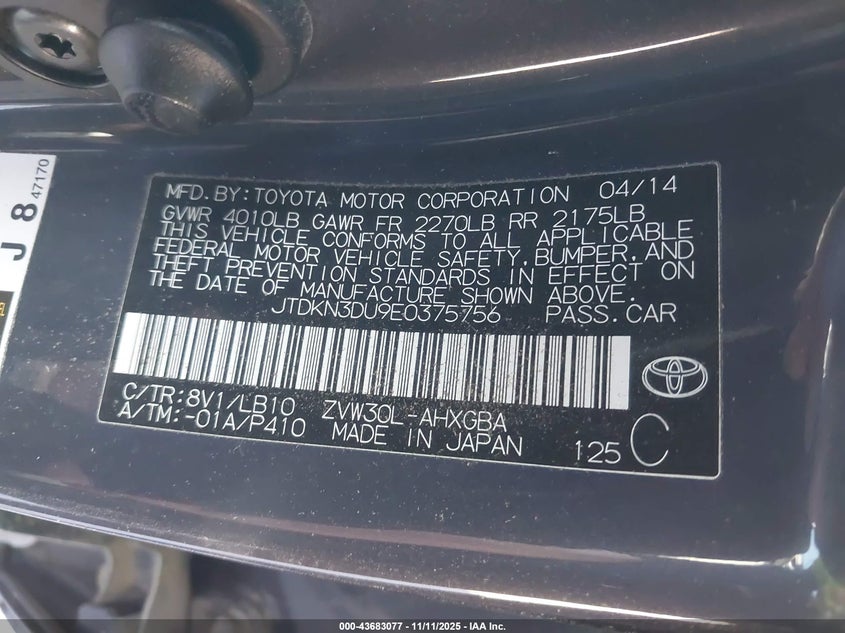 2014 TOYOTA PRIUS FOUR JTDKN3DU9E0375756