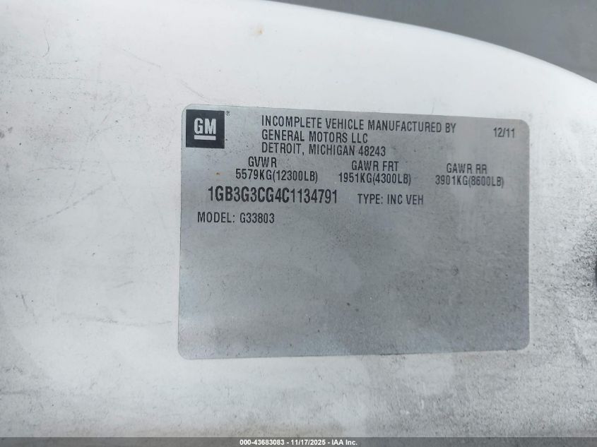 2012 Chevrolet Express Cutaway Work Van VIN: 1GB3G3CG4C1134791 Lot: 43683083