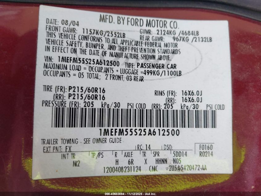 2005 Mercury Sable Ls VIN: 1MEFM55S25A612500 Lot: 43683084