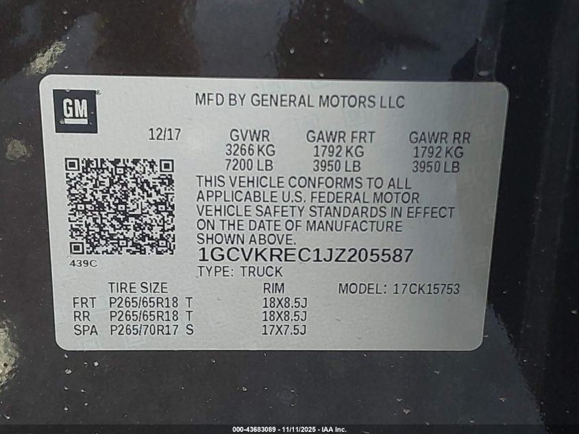 2018 Chevrolet Silverado 1500 2Lt VIN: 1GCVKREC1JZ205587 Lot: 43683089