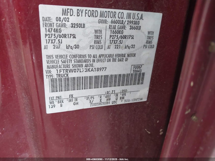 1FTRW07L73KA18977 2003 FORD F-150 photo no. 9