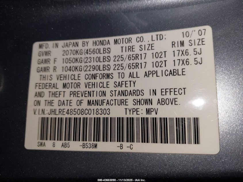 2008 Honda Cr-V Ex VIN: JHLRE48508C018303 Lot: 43683098