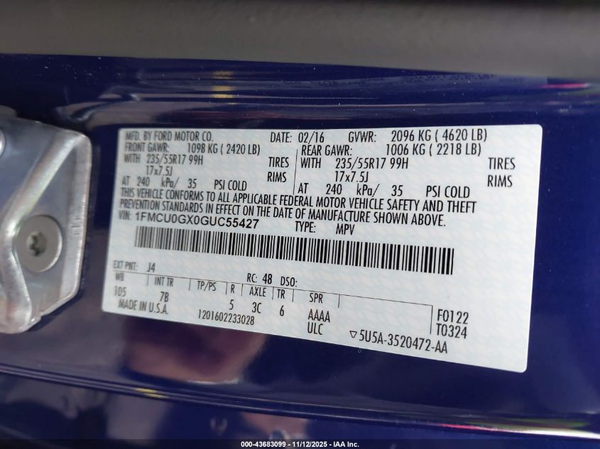 2016 Ford Escape Se VIN: 1FMCU0GX0GUC55427 Lot: 43683099