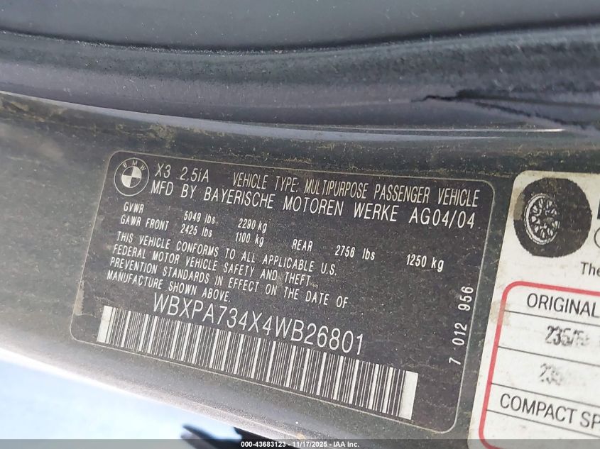 2004 BMW X3 2.5I VIN: WBXPA734X4WB26801 Lot: 43683123