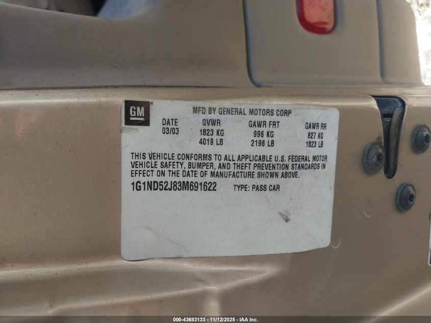 2003 Chevrolet Malibu VIN: 1G1ND52J83M691622 Lot: 43683133