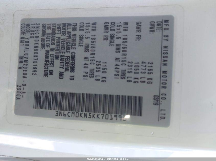 2019 Nissan Nv200 Sv VIN: 3N6CM0KN5KK701992 Lot: 43683134