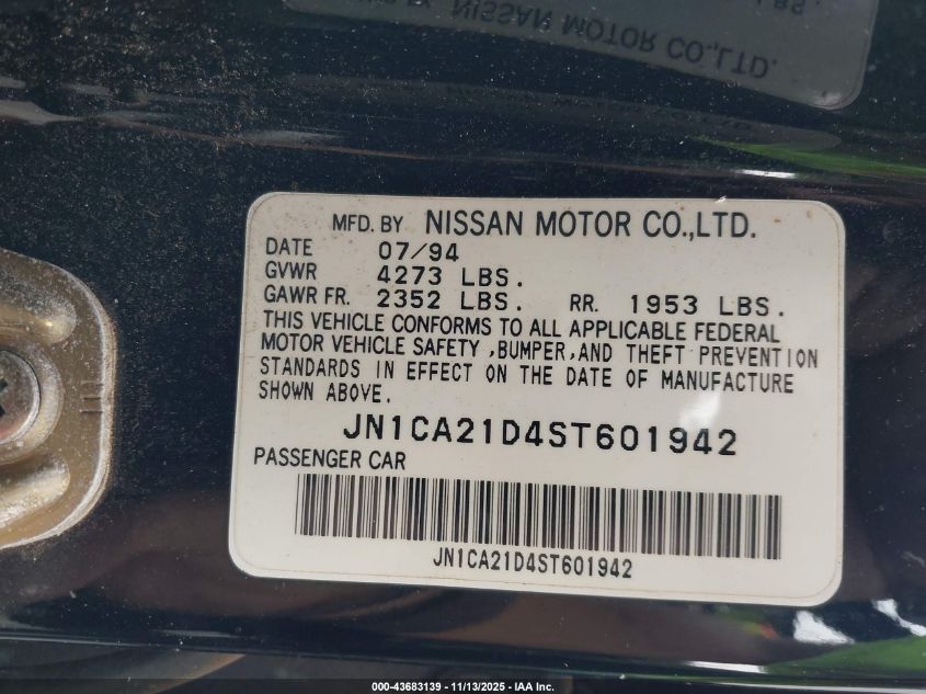 1995 Nissan Maxima Gle/Gxe/Se VIN: JN1CA21D4ST601942 Lot: 43683139