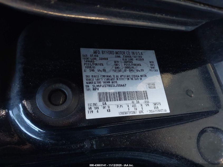 2003 Lincoln Navigator VIN: 5LMFU27R03LJ50667 Lot: 43683141