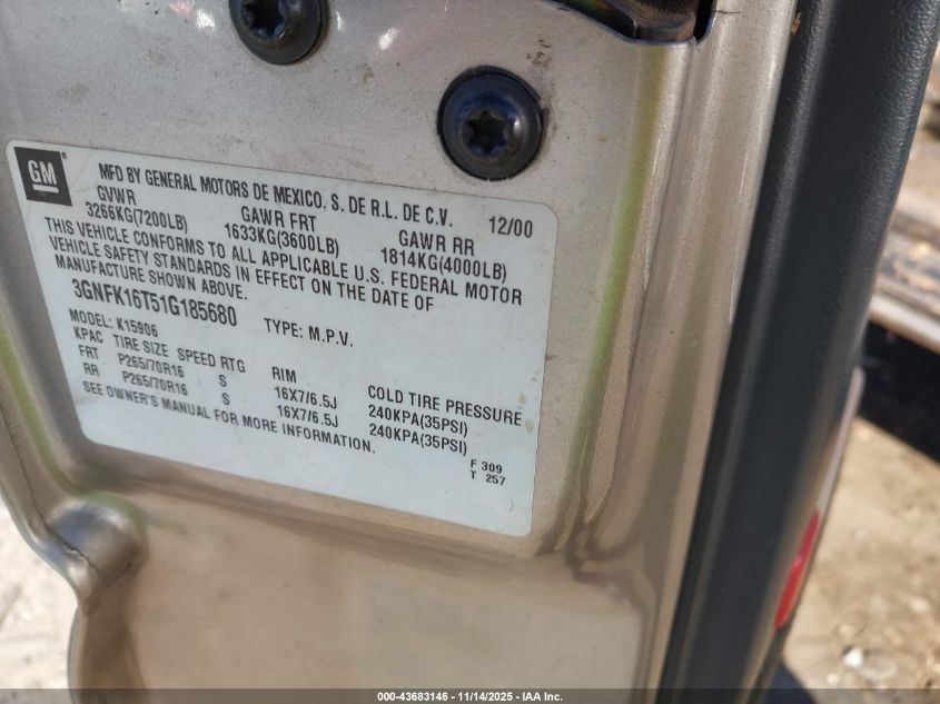 2001 Chevrolet Suburban 1500 Ls VIN: 3GNFK16T51G185680 Lot: 43683146