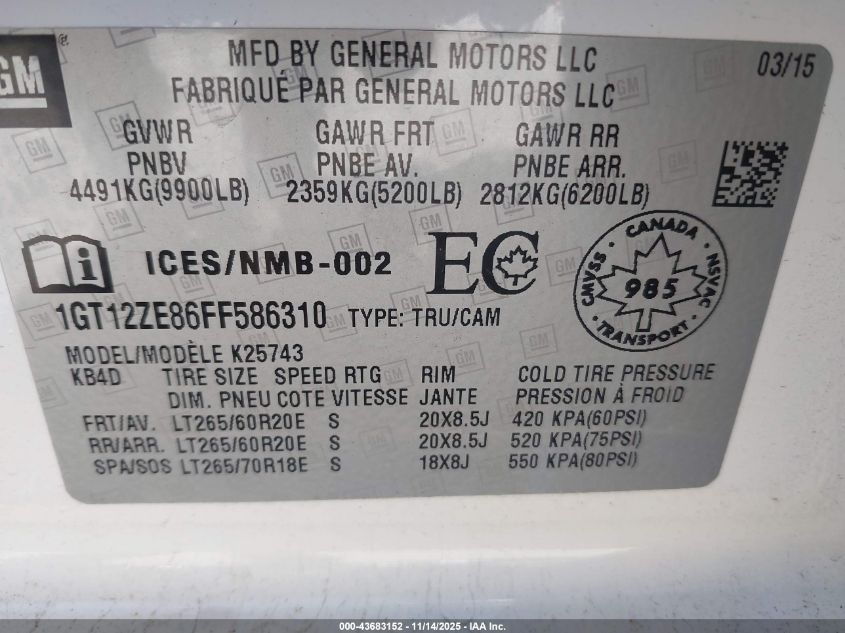 2015 GMC Sierra 2500Hd Slt VIN: 1GT12ZE86FF586310 Lot: 43683152