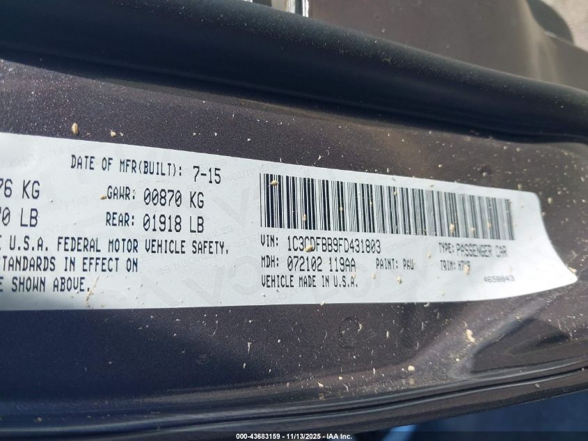 2015 Dodge Dart Sxt VIN: 1C3CDFBB9FD431803 Lot: 43683159