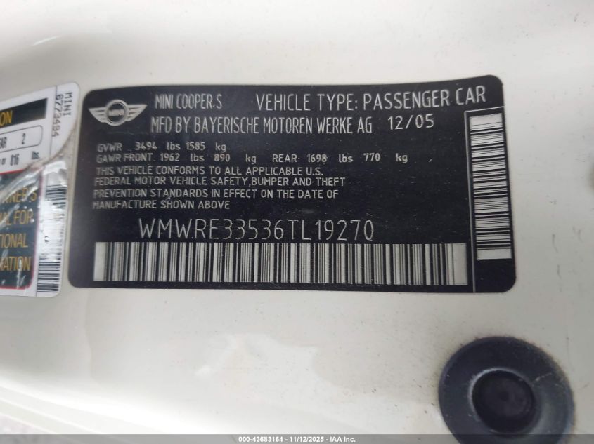 2006 Mini Cooper S VIN: WMWRE33536TL19270 Lot: 43683164
