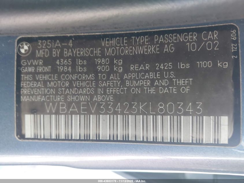 2003 BMW 325I VIN: WBAEV33423KL80343 Lot: 43683178