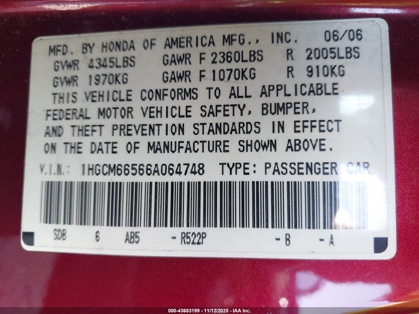 1HGCM66566A064748 2006 HONDA ACCORD photo no. 9