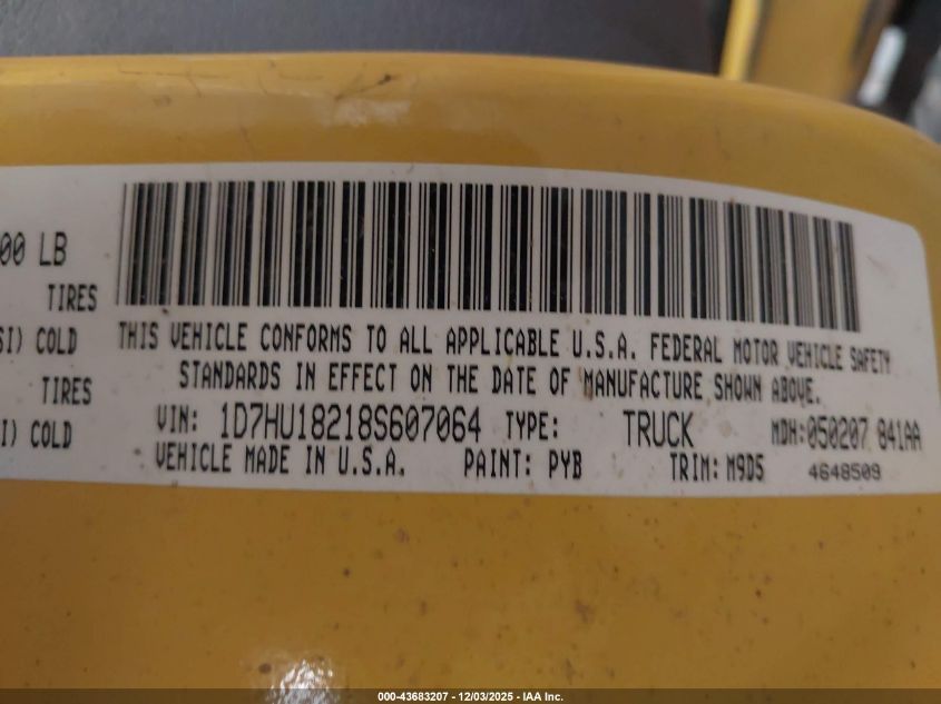 2008 Dodge Ram 1500 Slt VIN: 1D7HU18218S607064 Lot: 43683207