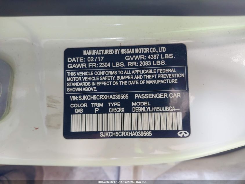 2017 Infiniti Qx30 Premium VIN: SJKCH5CRXHA039565 Lot: 43683217