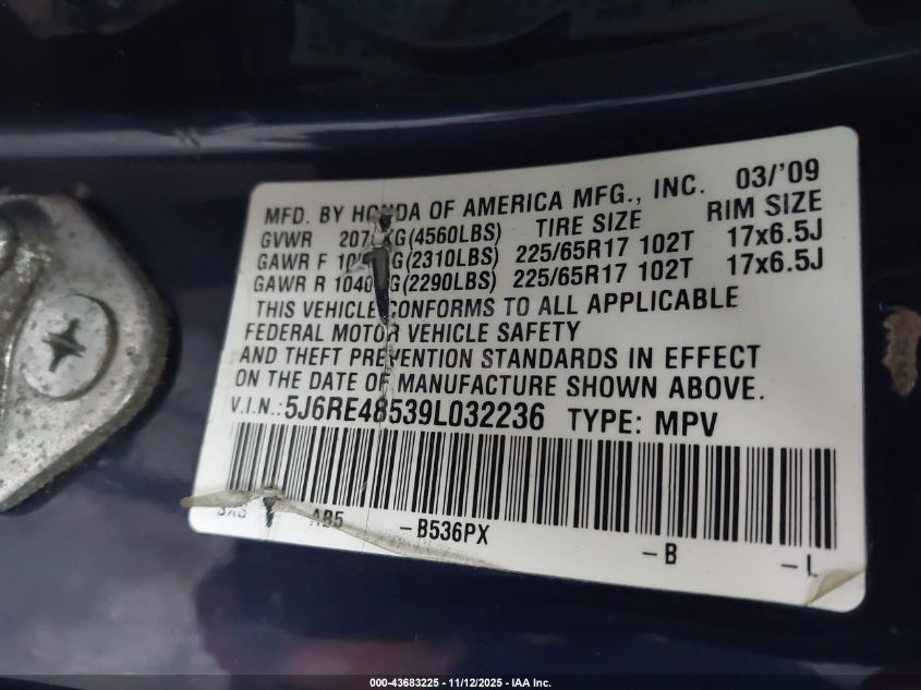 2009 Honda Cr-V Ex VIN: 5J6RE48539L032236 Lot: 43683225