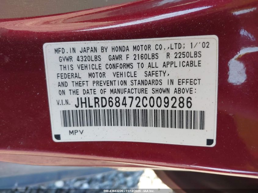 2002 Honda Cr-V Lx VIN: JHLRD68472C009286 Lot: 43683226